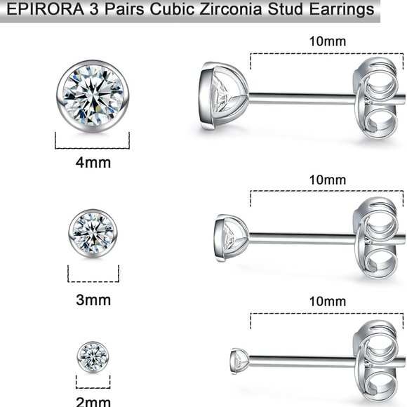Sterling Silver Stud Earrings for Women Men- 3 Pairs of Tiny Round Cubic Zirconi - Picture 2 of 9